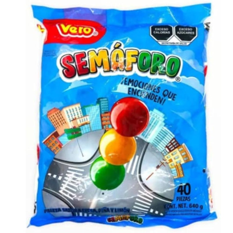 Paleta Semaforo VERO - 40 Piezas | Sabores Fresa (Rojo), Piña (Amarillo) y Limón (Verde) | ¡Emociones que Encienden! - Golosina Clásica
