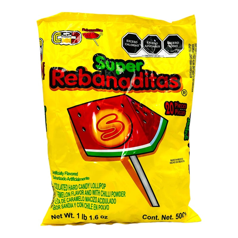 Super Rebanaditas Candy Pop - Paletas de Caramelo Macizo Acidulado Sabor Sandía con Chile (20 Piezas) | ¡Dulce, Ácido y Picante!