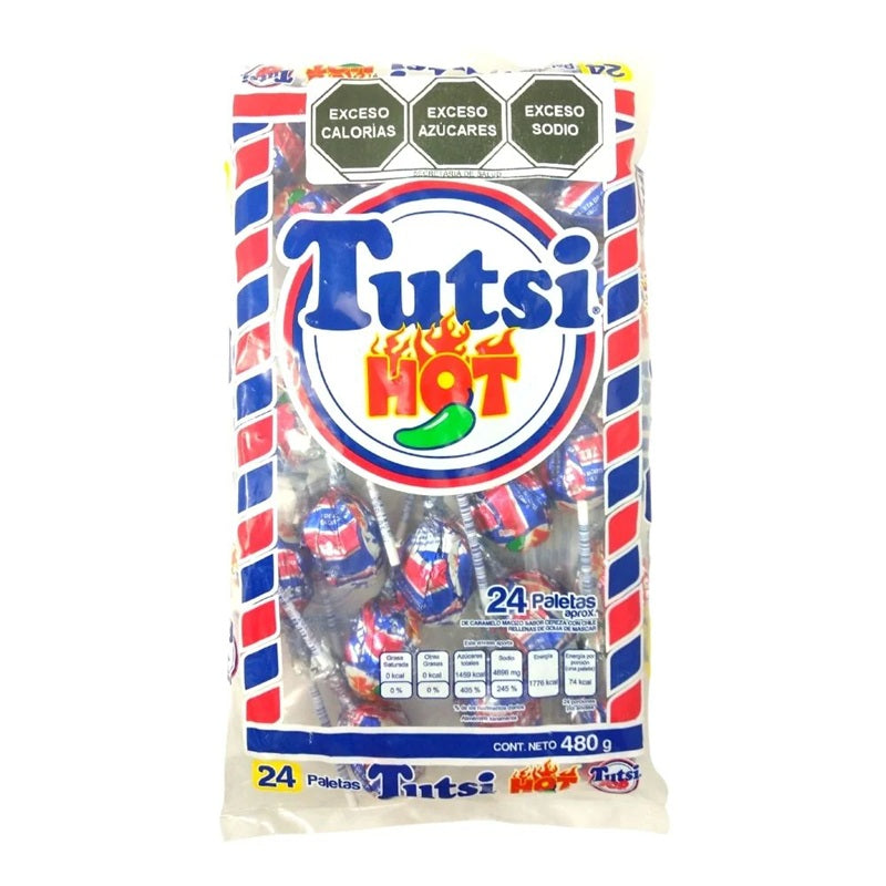 Tutsi Hot - Paletas de Caramelo Macizo Sabor Cereza con Chile (24 Piezas) | ¡Rellenas de Goma de Mascar!