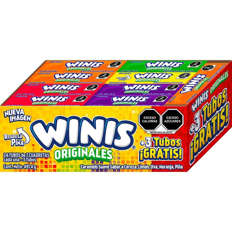 Winis Originales - Caramelo Suave en Tubos (24 Piezas) | Sabores Cereza, Limón, Uva, Naranja y Piña