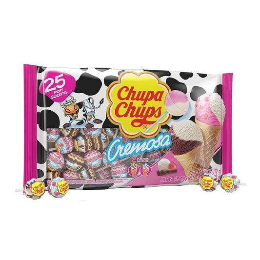 Chupa Chups Cremosa - Paletas de Caramelo Macizo (25 Piezas) | Sabores Fresas con Crema y ChocoVainilla
