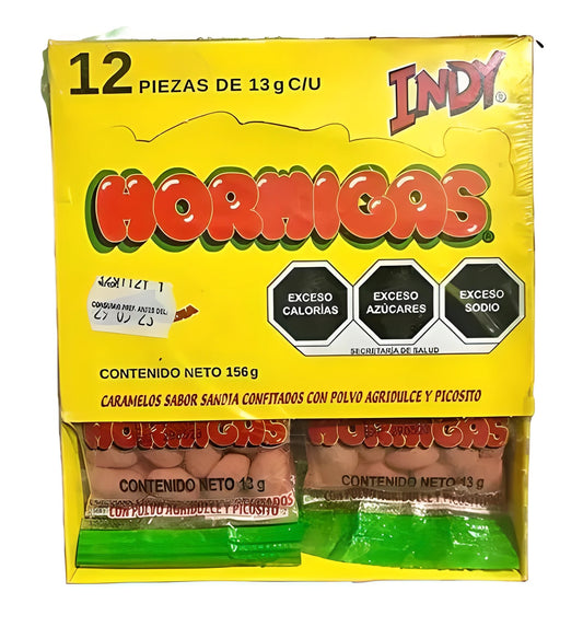 Hormigas Indy Sabor Sandía - 12 Piezas - Caramelos Confitados con Polvo Agridulce y Picosito