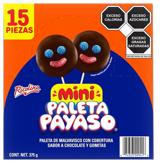 Mini Paleta Payaso Ricolino 15 pz - Malvavisco con Cobertura de Chocolate y Gomitas | Diversión en Cada Bocado
