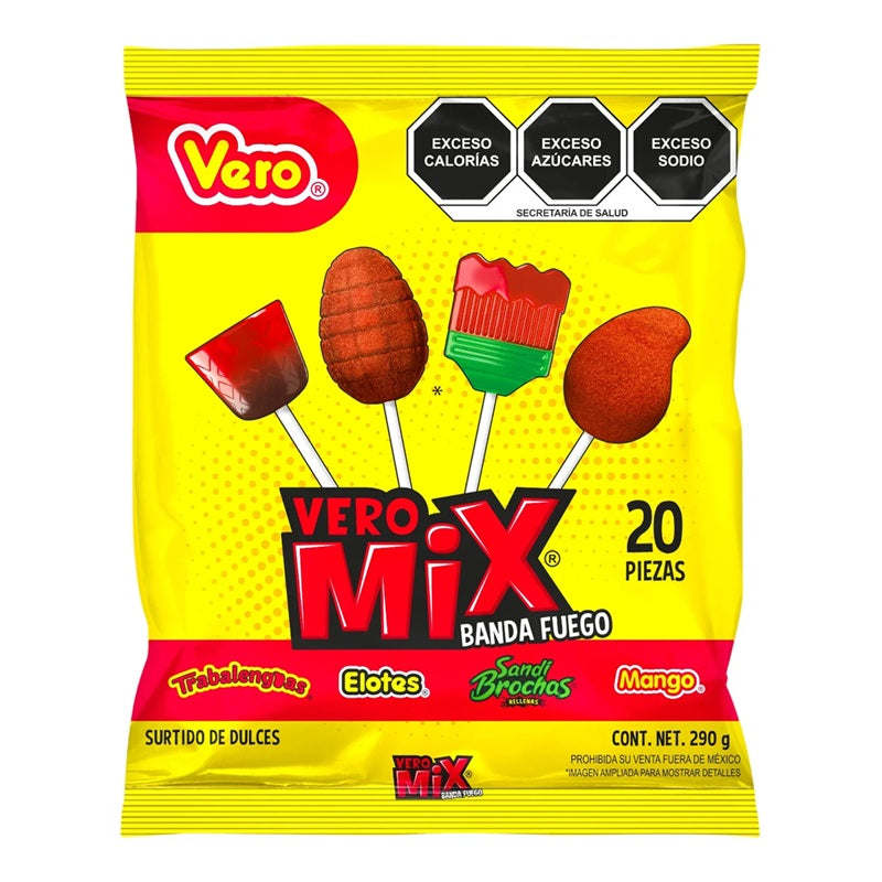 Paleta Mix "Banda de Fuego" VERO (20 pz) | Surtido de Sabores: Trabalenguas, Elotes, Sandi Brochas, Mango | ¡Fiesta de Dulces Mexicanos!