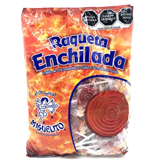 Raqueta Enchilada Miguelito - Paletas de Caramelo Macizo Sabor Grosella con Chile (40 Piezas) | ¡Picante y Dulce!