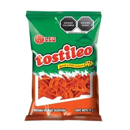 Tostileos Queso-Jalapeño 70g - Paquete x10 - Botanas Leo - Snack Crujiente y Picante